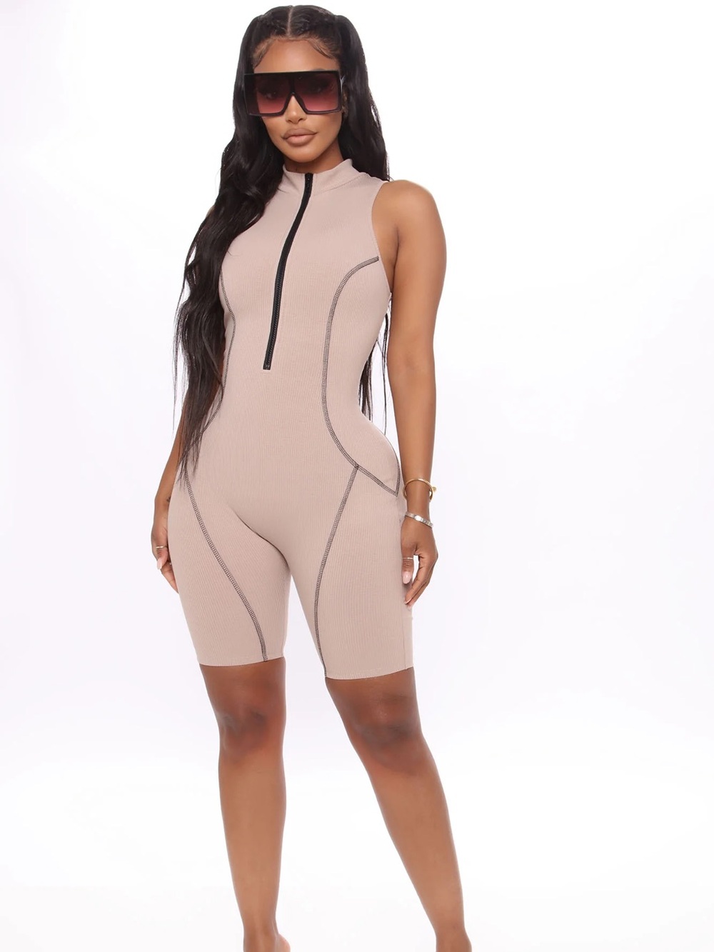 Fashion Nova Taupe Sleeveless Zip-Front Romper